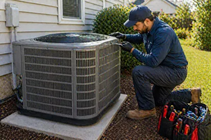 Technician servicing outdoor air conditioning unit beside home