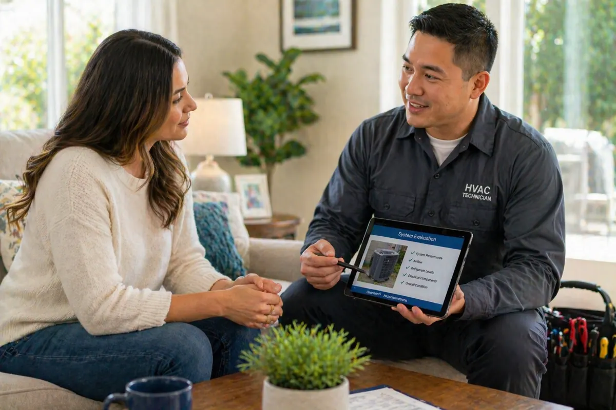 Technician explaining HVAC repair details to homeowner in living room