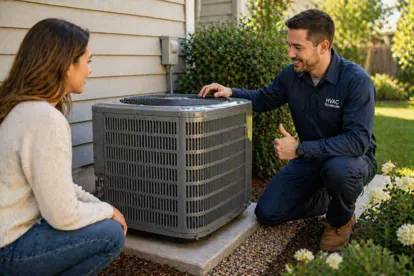 Technician finishing HVAC installation while homeowner observes nearby